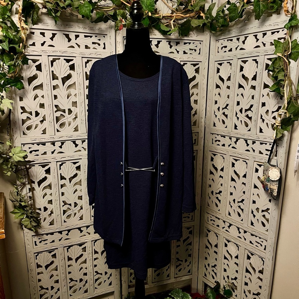 LL MARTIN VINTAGE BEAUTIFUL NAVY BLUE FAUX JACKET LONG SLEEVE MIDI DRESS